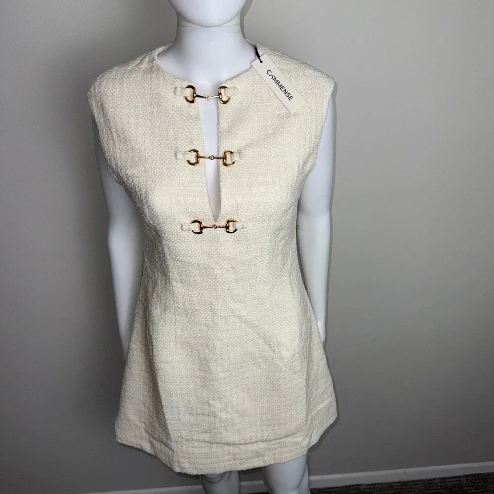 Commense Tweed Mini Dress Sleeveless Gold Buckle Detail Ivory Party Cocktail M‎ - Picture 12 of 17